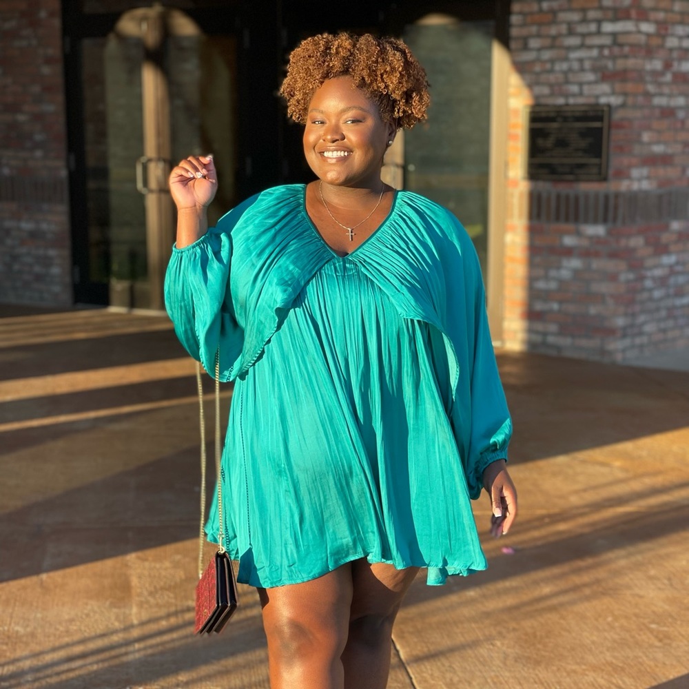teal shirred satin mini dress 🦋✨